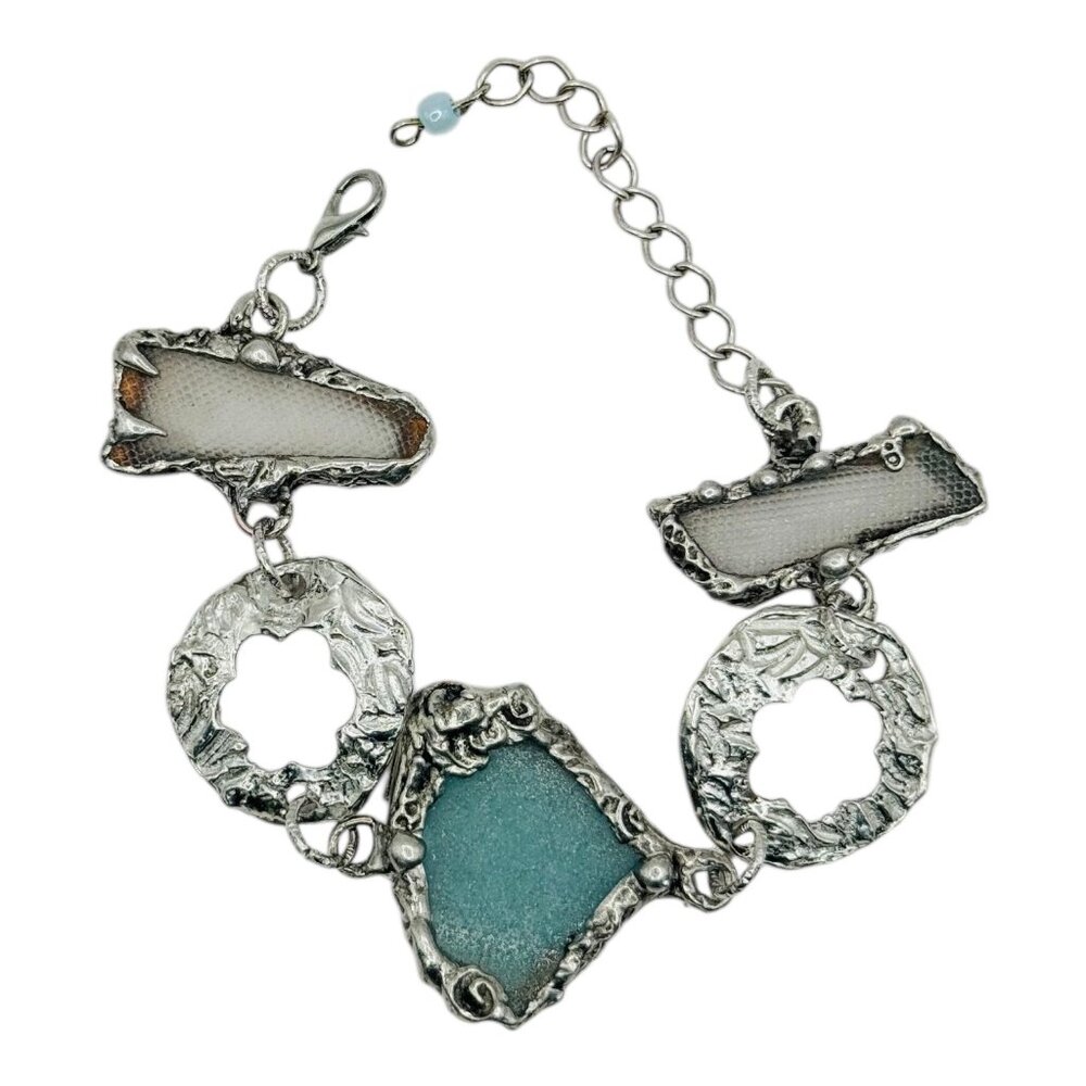 Sea Glass & Silver Cutout Bracelet - Boho Metalwork Adjustable Closure - Picture 14 of 16